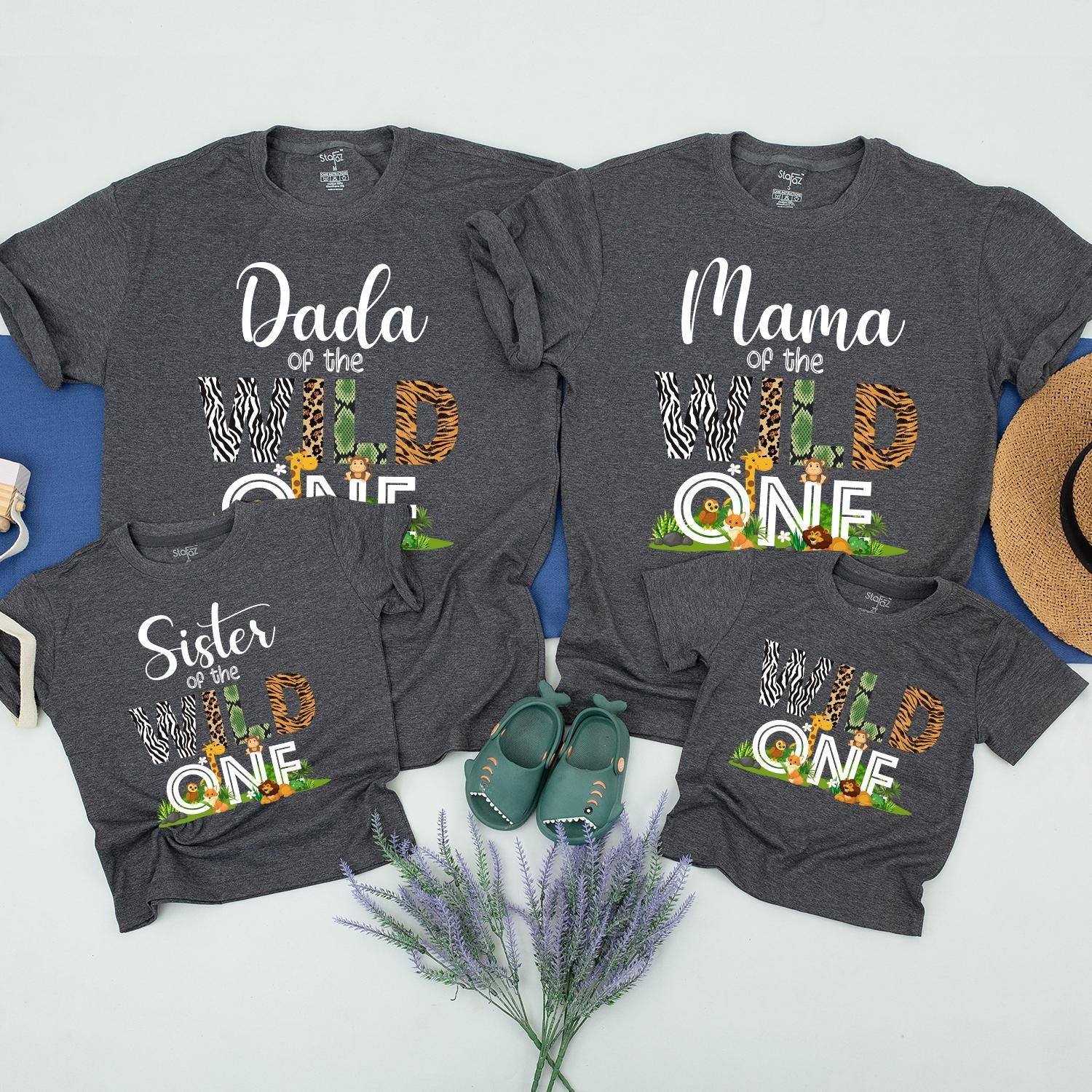 Matching Wild One Family Birthday Shirts for Mom Dad and the Birthday Kid featuring fun safari zoo animal designs soft comfortable cotton tees