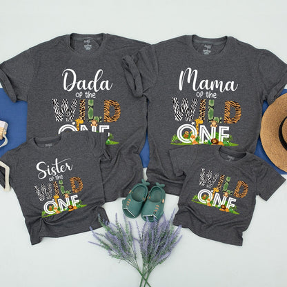 Matching Wild One Family Birthday Shirts for Mom Dad and the Birthday Kid featuring fun safari zoo animal designs soft comfortable cotton tees
