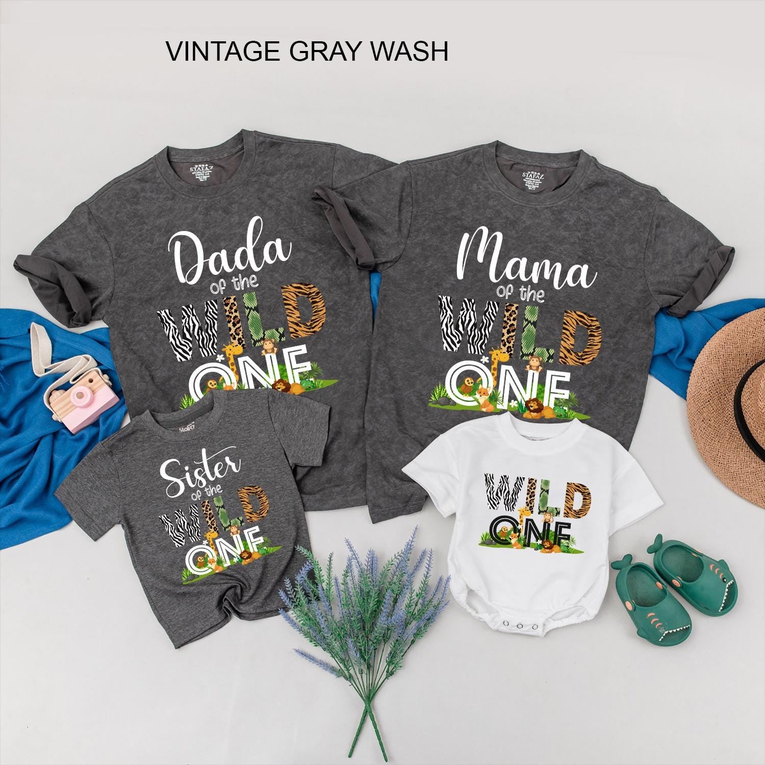 Matching Wild One Family Birthday Shirts for Mom Dad and the Birthday Kid featuring fun safari zoo animal designs soft comfortable cotton tees