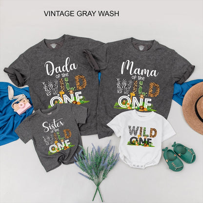 Matching Wild One Family Birthday Shirts for Mom Dad and the Birthday Kid featuring fun safari zoo animal designs soft comfortable cotton tees