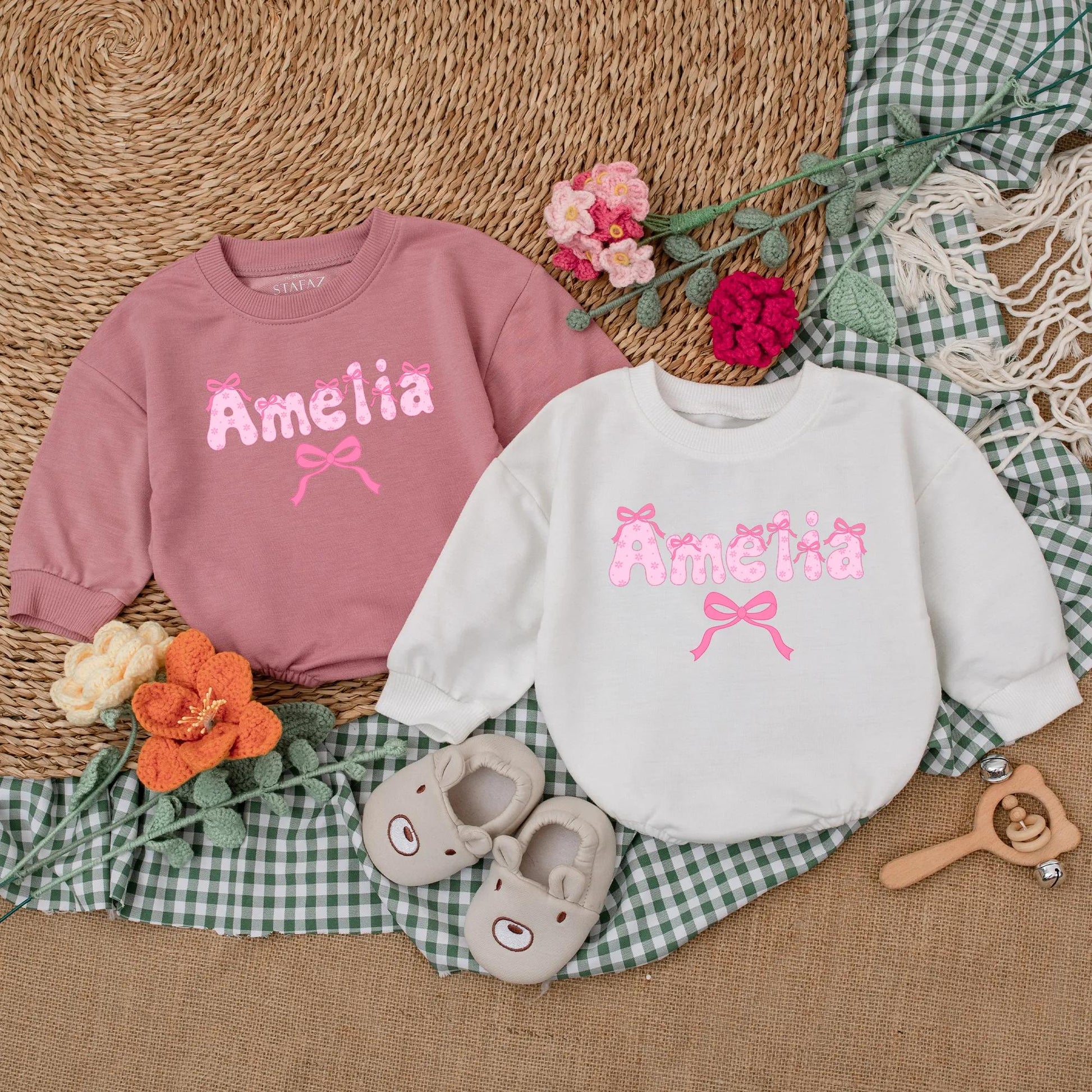 Personalized Name Pink Bow Baby Girl Romper Cute Long Sleeve Bubble Outfit Toddler Birthday Baby Shower Gift