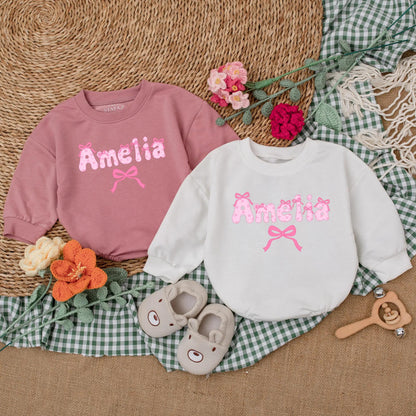 Personalized Name Pink Bow Baby Girl Romper Cute Long Sleeve Bubble Outfit Toddler Birthday Baby Shower Gift