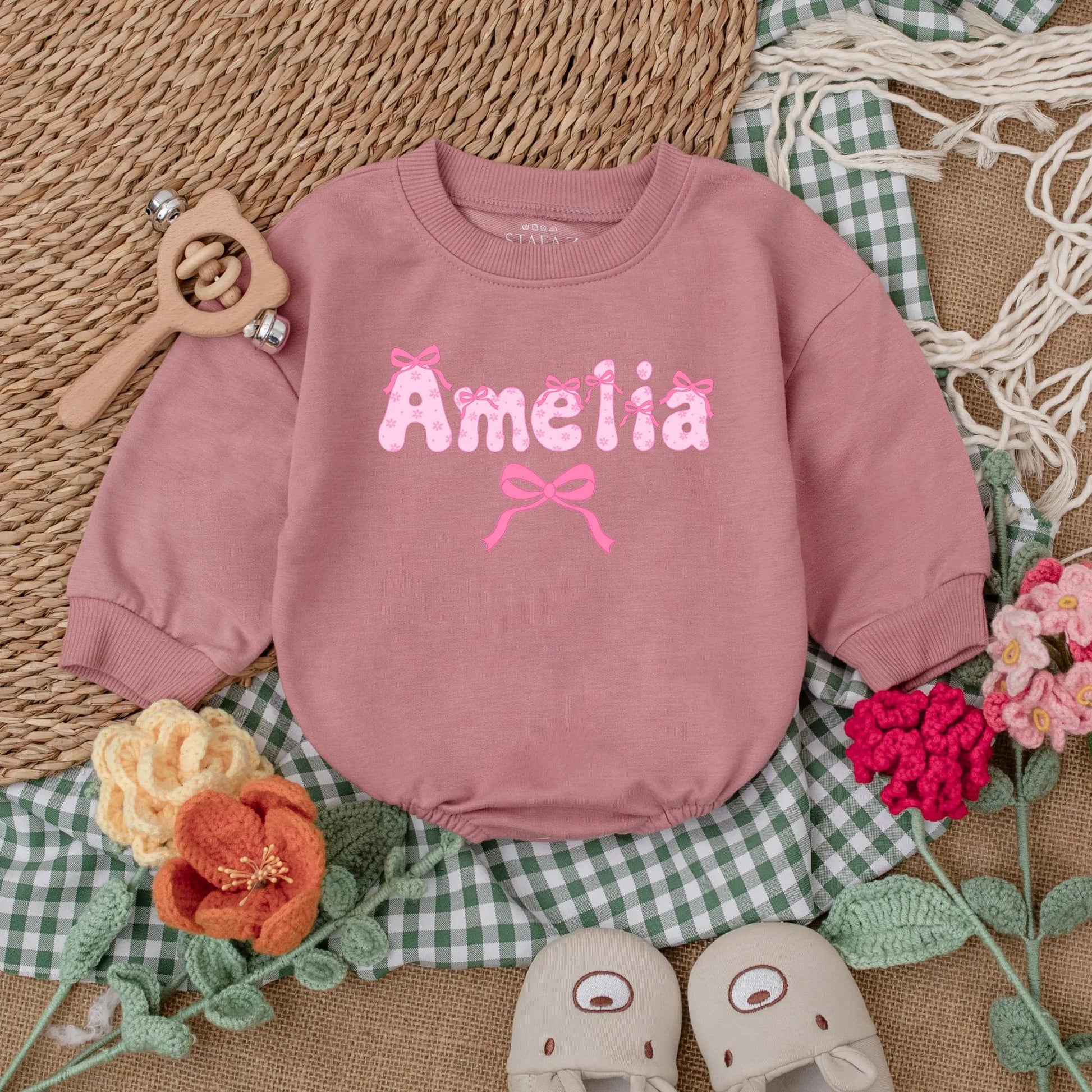 Personalized Name Pink Bow Baby Girl Romper Cute Long Sleeve Bubble Outfit Toddler Birthday Baby Shower Gift