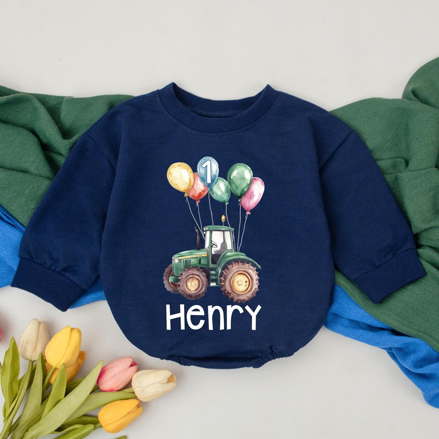 Personalized Tractor First Birthday Bubble Romper Outfit for Baby Boy 1st Birthday Party Celebration Gift Baby Shower