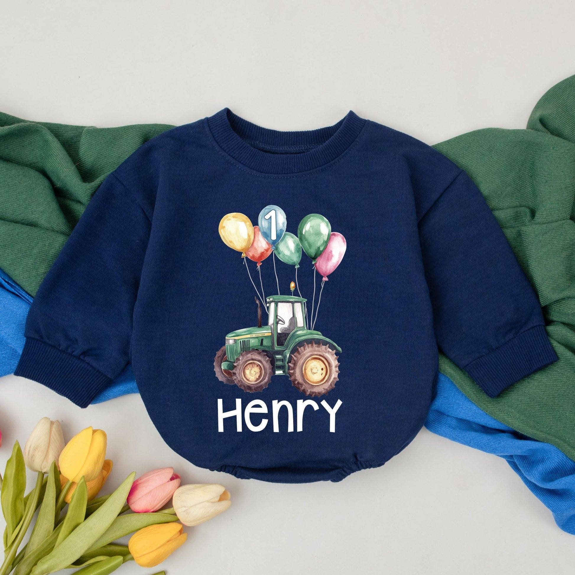 Personalized Tractor First Birthday Bubble Romper Outfit for Baby Boy 1st Birthday Party Celebration Gift Baby Shower
