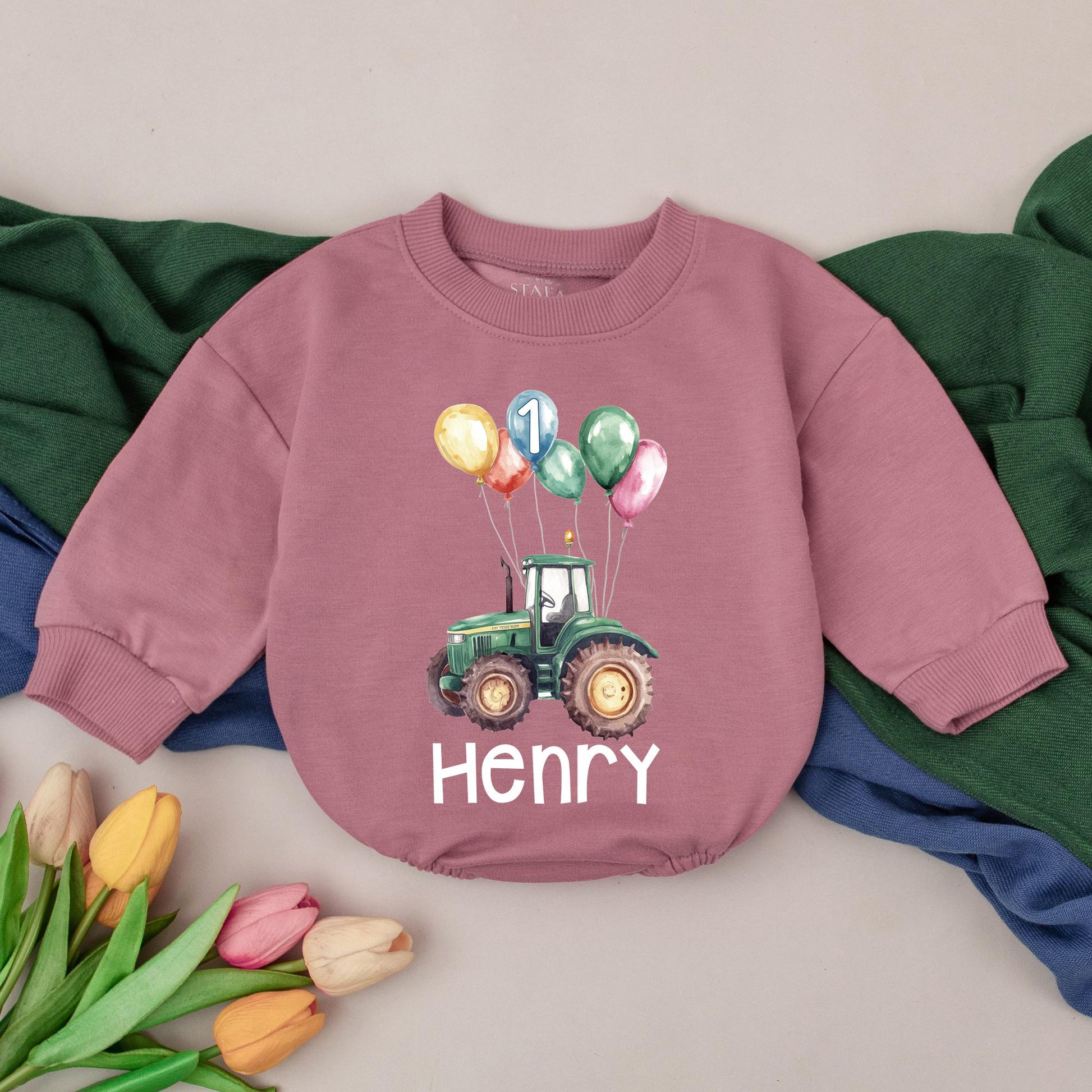 Personalized Tractor First Birthday Bubble Romper Outfit for Baby Boy 1st Birthday Party Celebration Gift Baby Shower