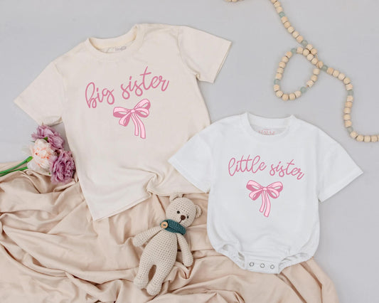 Big Sister Little Sister Matching Pink Bow Design Sibling Outfits Baby Girl Clothes Toddler Sister Newborn Gift Announcement