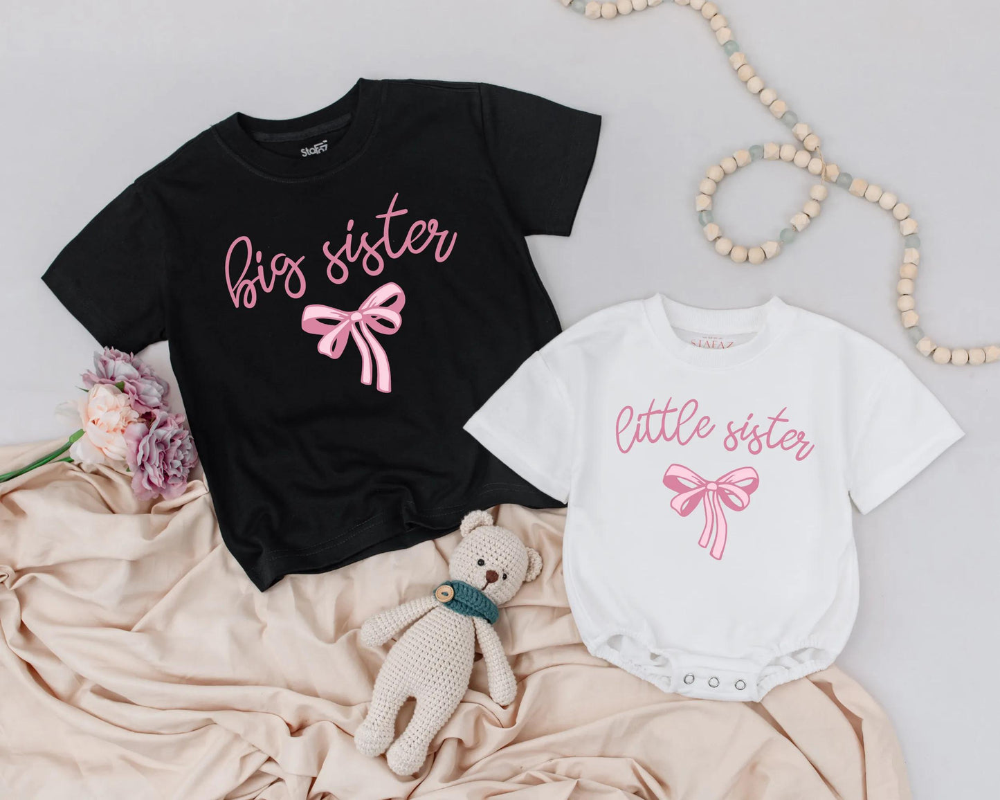 Big Sister Little Sister Matching Pink Bow Design Sibling Outfits Baby Girl Clothes Toddler Sister Newborn Gift Announcement