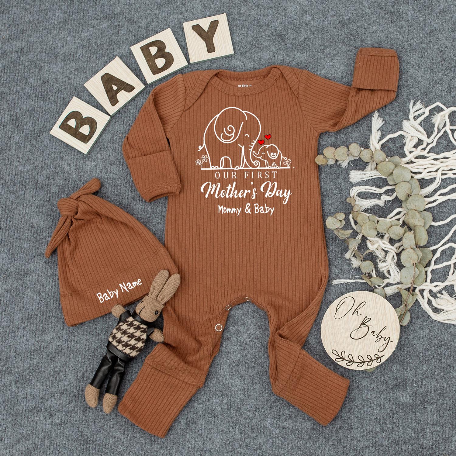 Personalized First Mother's Day Baby Bodysuit Outfit with Hat - Sweet Mommy & Baby Elephant Design - Custom Name Newborn Romper, Cute Gift 138