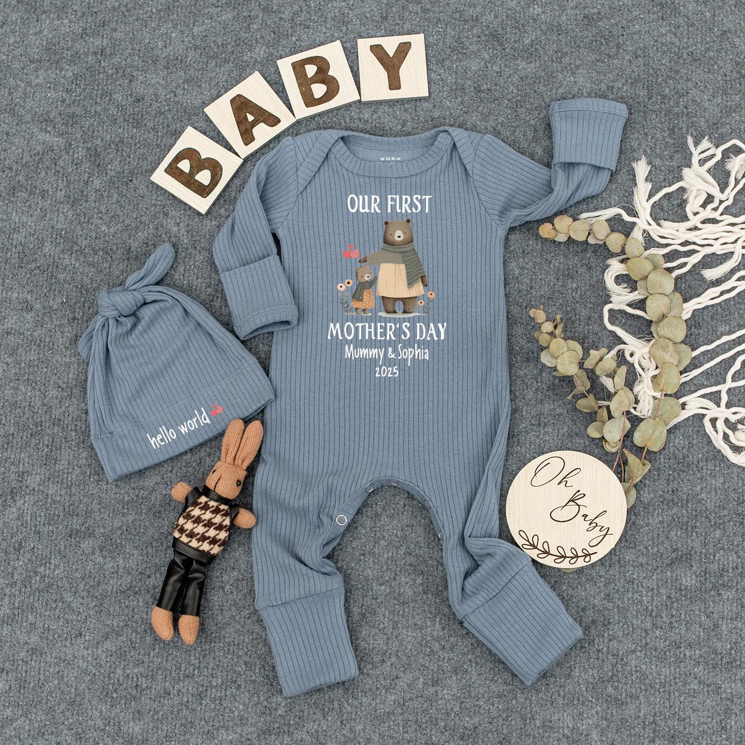 Our First Mother's Day 2025 Outfit, Bears with Heart, Custom Name Baby Romper & Hat, Earthy Floral Newborn Gift for Mommy & Sophia, Cute Bodysuit