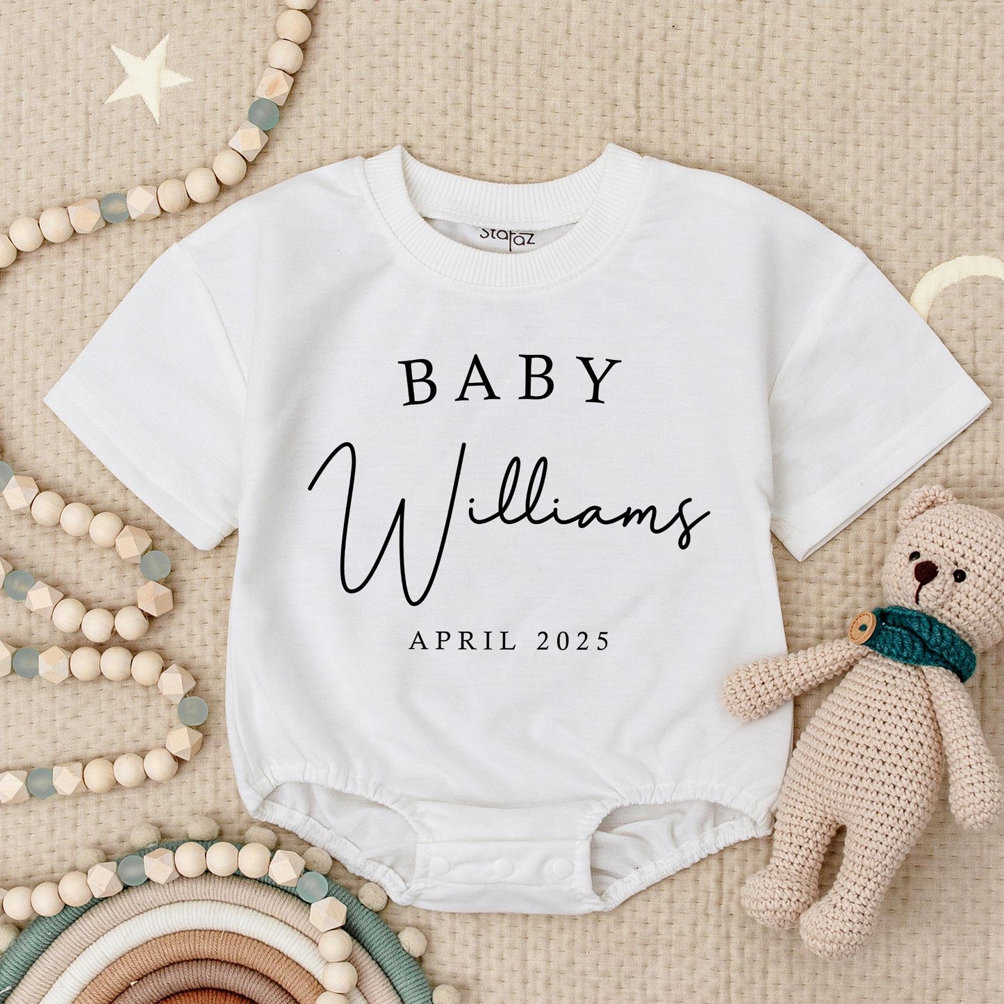 Personalized Baby Name Announcement Romper Bodysuit Custom Expected Month Coming Soon Newborn Arrival Gift Minimalist Modern Design