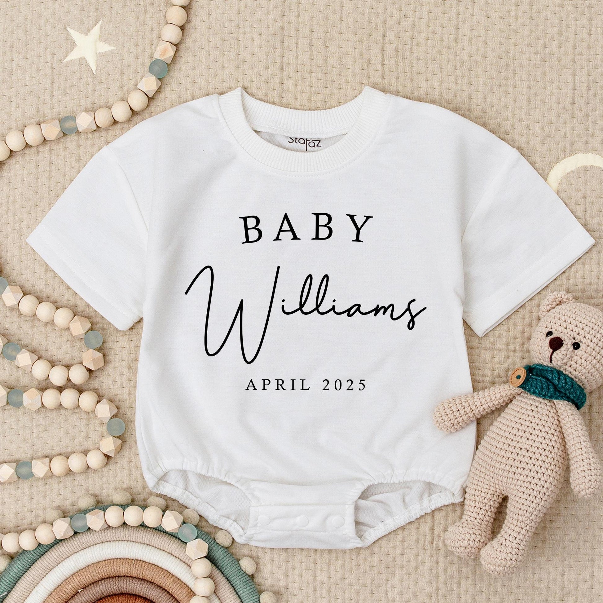 Personalized Baby Name Announcement Romper Bodysuit Custom Expected Month Coming Soon Newborn Arrival Gift Minimalist Modern Design