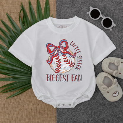 Little Sister Biggest Fan Bubble Romper Baby Baseball Outfit First Birthday Gift