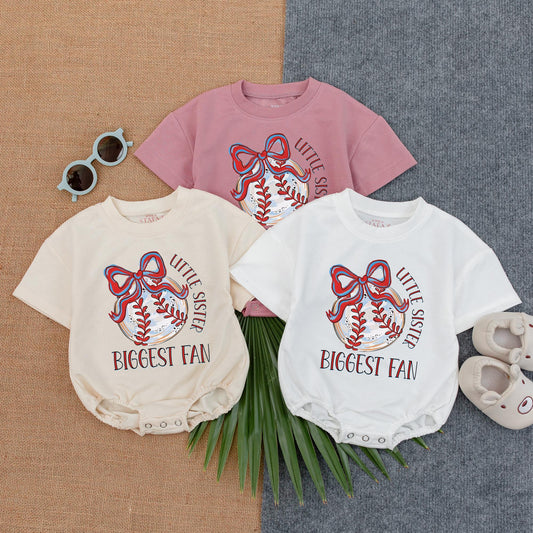Little Sister Biggest Fan Bubble Romper Baby Baseball Outfit First Birthday Gift