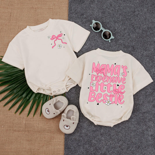 Mama's Expensive Little Bestie Bubble Romper Boho Baby Girl Outfit Mother's Day Shower Gift Cotton Soft Comfortable