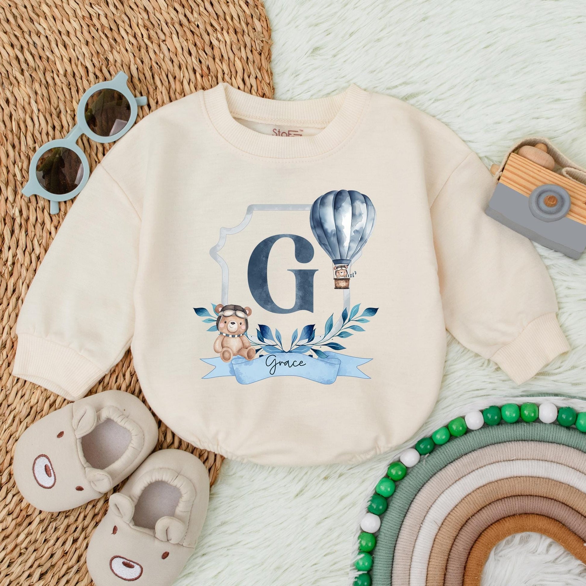 Personalized Blue Hot Air Balloon Romper for Baby Boy First Birthday Party Outfit Custom Name Baby Shower Gift Soft Cotton
