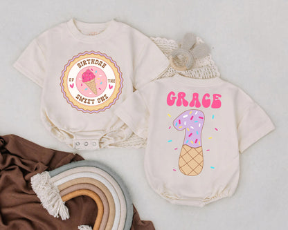 Sweet One Ice Cream 1st Birthday Outfit Baby Girl Romper Custom Name Cake Smash Gift Infant Toddler Clothes