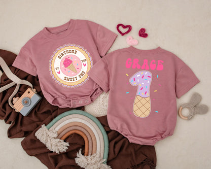 Sweet One Ice Cream 1st Birthday Outfit Baby Girl Romper Custom Name Cake Smash Gift Infant Toddler Clothes