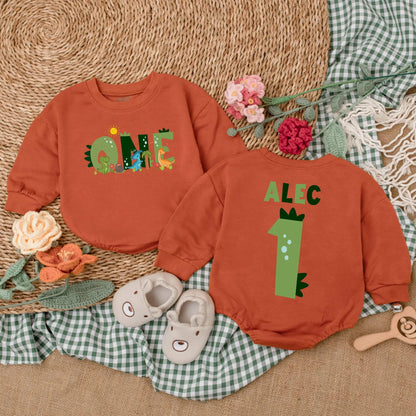 Custom One-A-Saurus Dinosaur 1st Birthday Romper for Boy, Cute Dino Party Outfit, Personalized Baby Bodysuit Gift