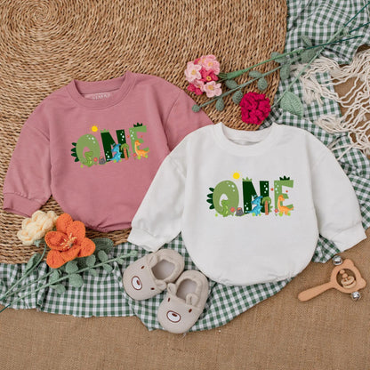 Custom One-A-Saurus Dinosaur 1st Birthday Romper for Boy, Cute Dino Party Outfit, Personalized Baby Bodysuit Gift