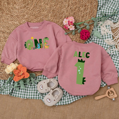 Custom One-A-Saurus Dinosaur 1st Birthday Romper for Boy, Cute Dino Party Outfit, Personalized Baby Bodysuit Gift
