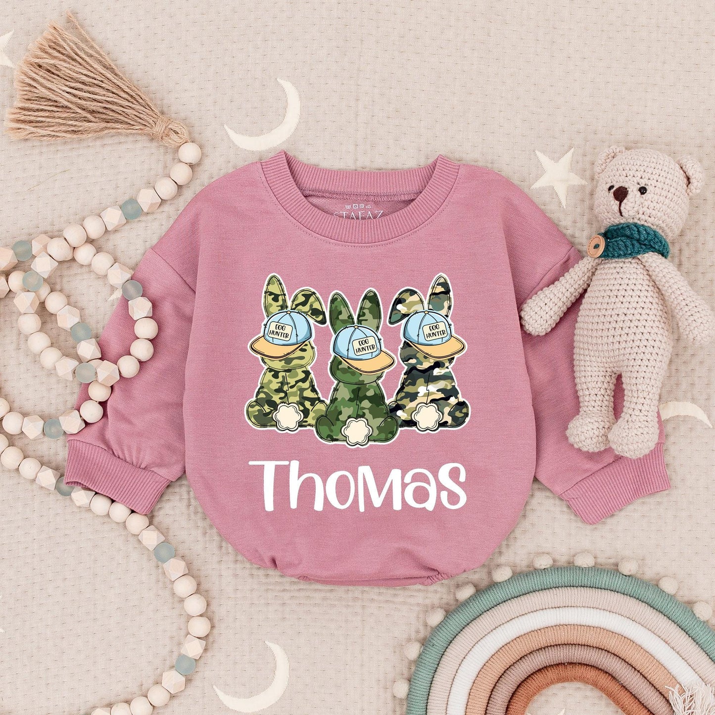 Personalized Thomas Egg Hunter Easter Camo Baby Bodysuit Cute Bunny Romper for Boys My First Easter Gift