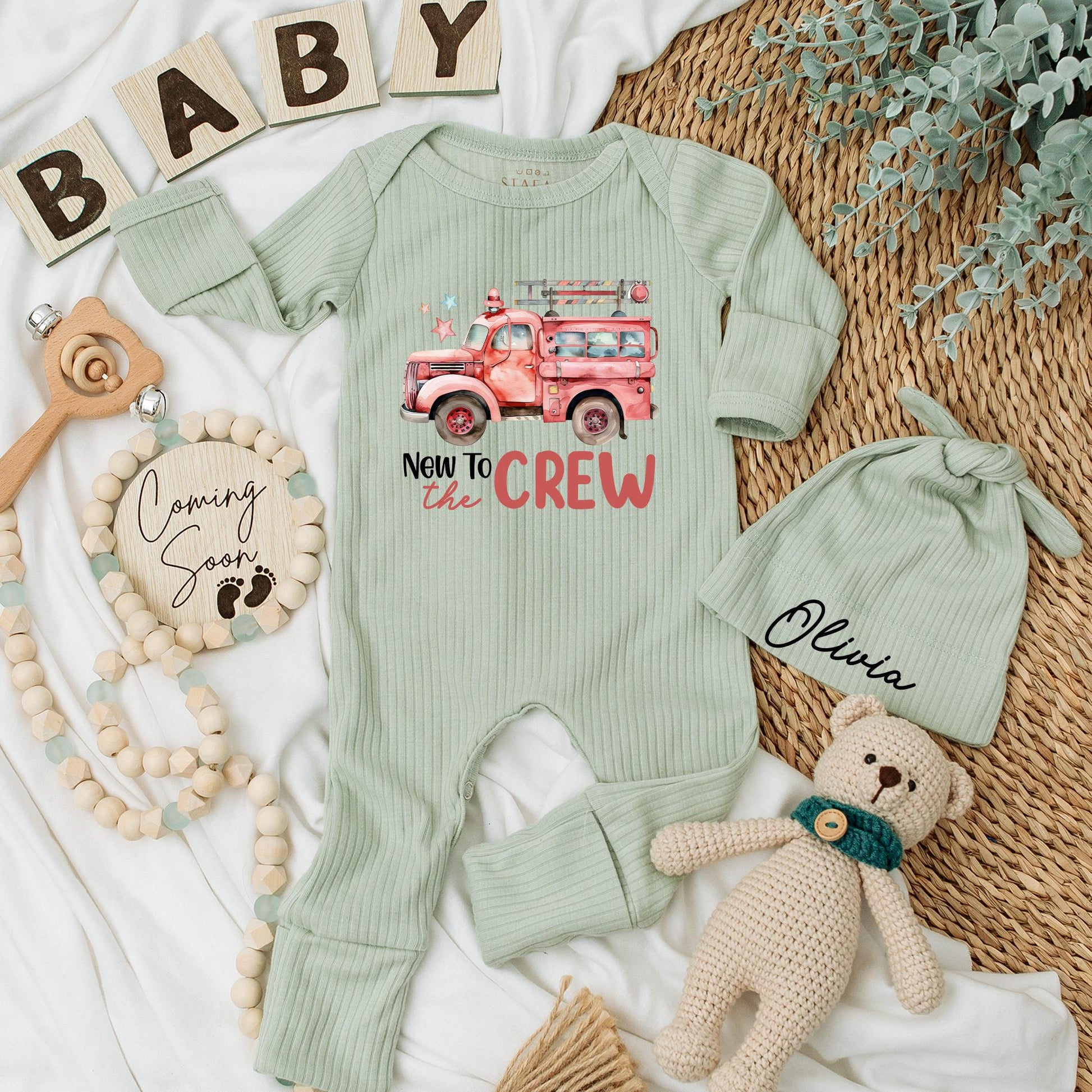 Personalized Fire Truck Baby Bodysuit Set: New to the Crew Firefighter Gift, Cute Cartoon Design, Baby Announcement Outfit, Baby Shower Present (138 chars)