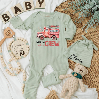 Personalized Fire Truck Baby Bodysuit Set: New to the Crew Firefighter Gift, Cute Cartoon Design, Baby Announcement Outfit, Baby Shower Present (138 chars)