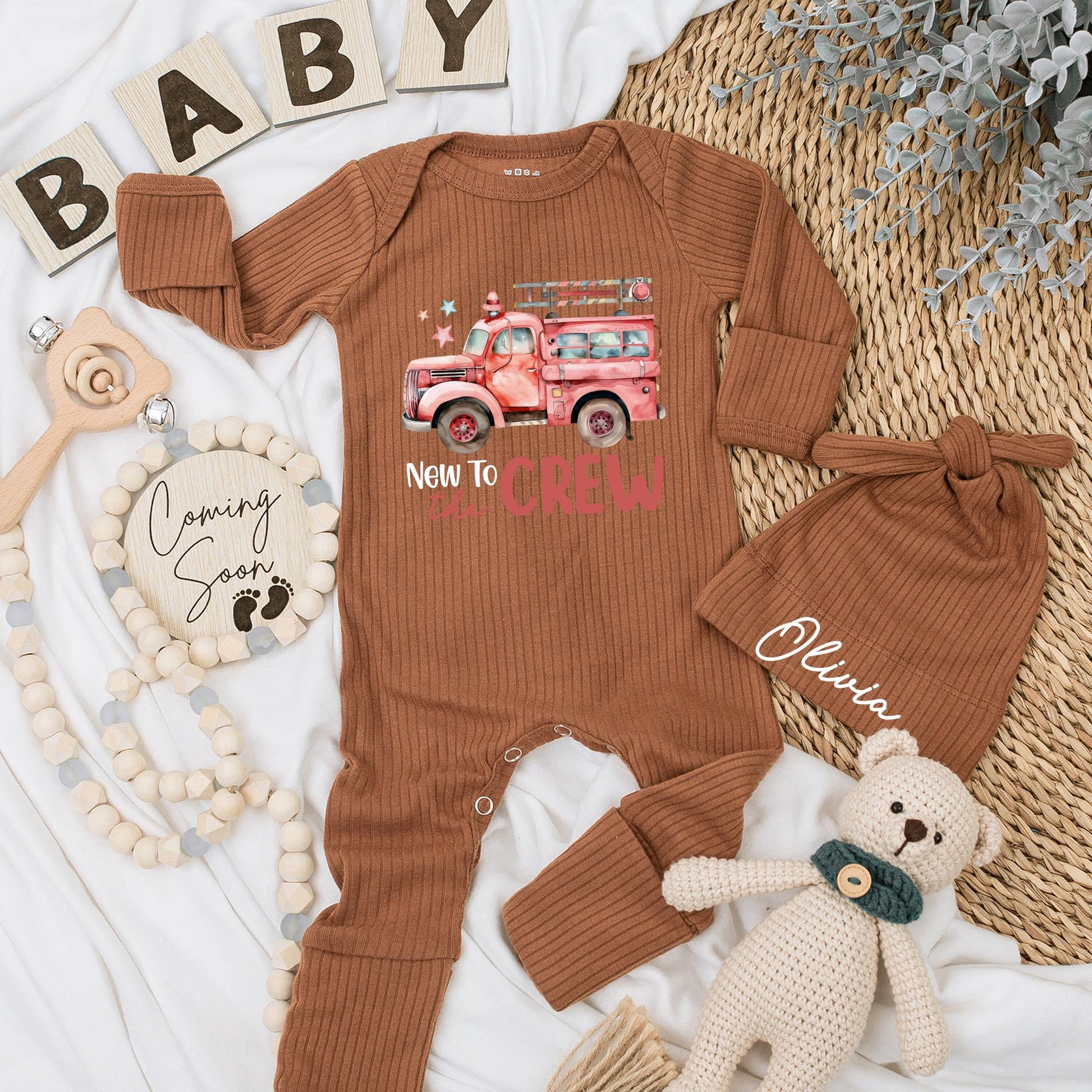 Personalized Fire Truck Baby Bodysuit Set: New to the Crew Firefighter Gift, Cute Cartoon Design, Baby Announcement Outfit, Baby Shower Present (138 chars)