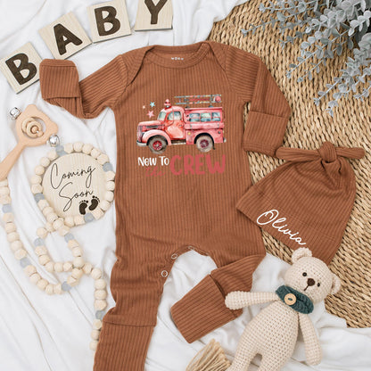 Personalized Fire Truck Baby Bodysuit Set: New to the Crew Firefighter Gift, Cute Cartoon Design, Baby Announcement Outfit, Baby Shower Present (138 chars)
