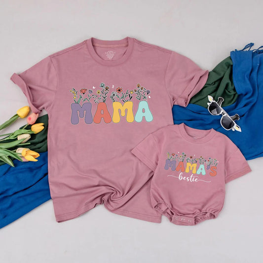 Personalized Mama and Mini Flower T-Shirts and Romper Matching Mom Daughter Outfit First Mother's Day Gift for New Moms Comfortable Cotton Set