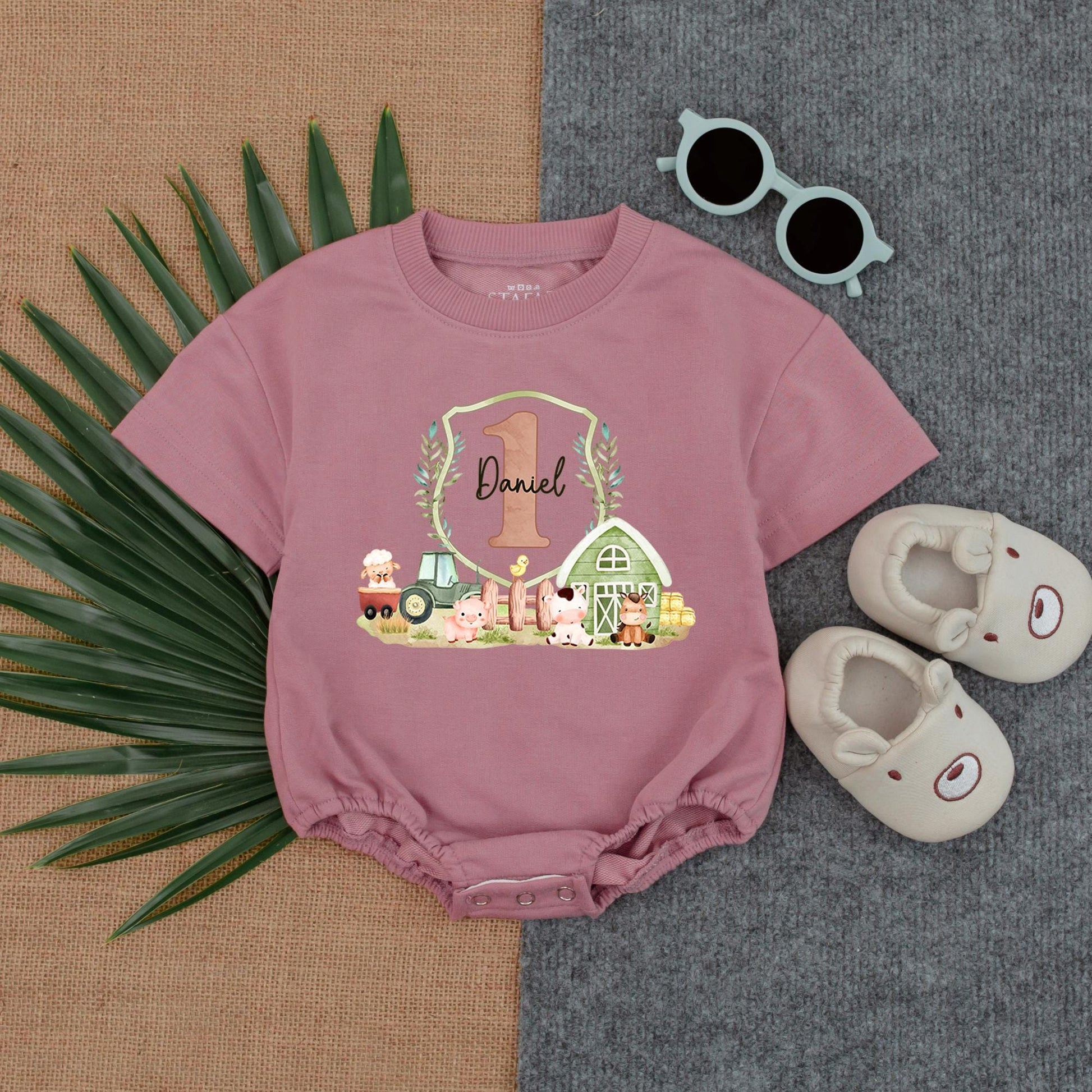 Custom Daniel 1st Birthday Farm Bubble Romper Cute Barn Animal Tractor Design Muted Earthy Green Pink Toddler Baby Boy Gift Outfit