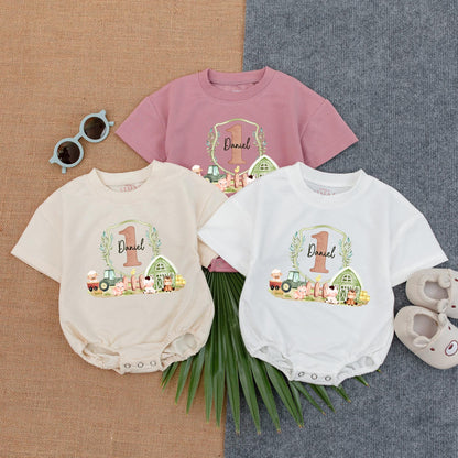 Custom Daniel 1st Birthday Farm Bubble Romper Cute Barn Animal Tractor Design Muted Earthy Green Pink Toddler Baby Boy Gift Outfit