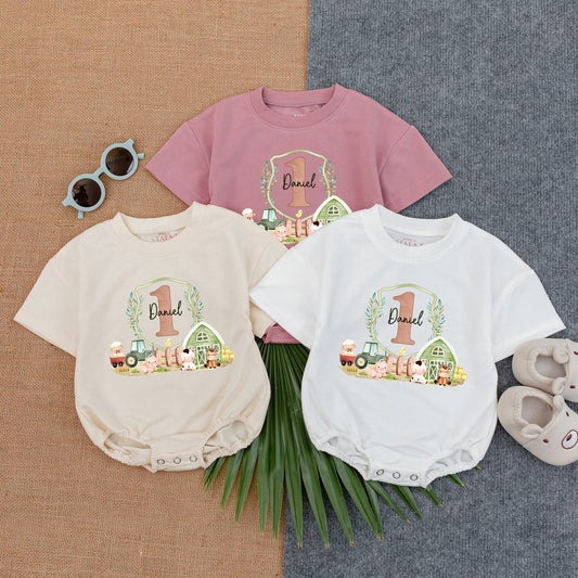 Custom Daniel 1st Birthday Farm Bubble Romper Cute Barn Animal Tractor Design Muted Earthy Green Pink Toddler Baby Boy Gift Outfit