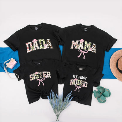 Matching Family Rodeo Birthday Shirts "My First Rodeo" Baby Mama Dada Sister Western Party Outfits Pink Green Brown Cowgirl Cowboy Boots Floral