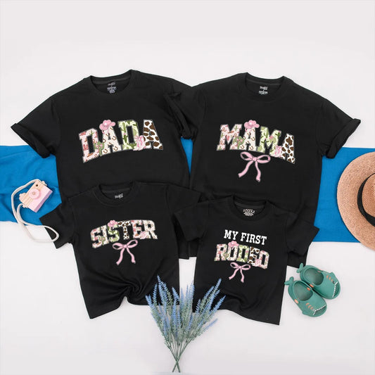 Matching Family Rodeo Birthday Shirts "My First Rodeo" Baby Mama Dada Sister Western Party Outfits Pink Green Brown Cowgirl Cowboy Boots Floral