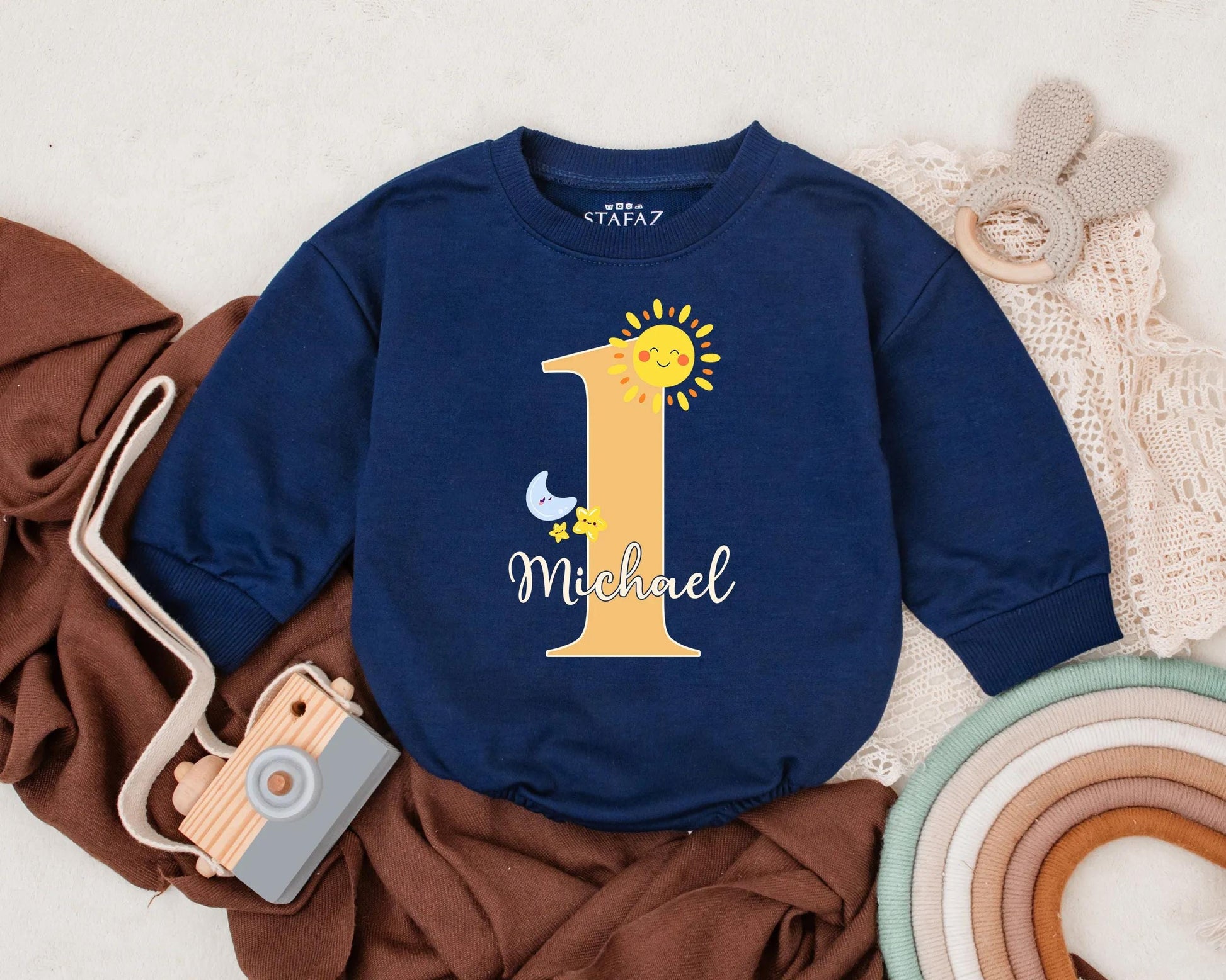 Personalized Sunshine 1st Birthday Outfit Baby Boy, Custom Name Romper, Smash Cake Clothes, First Trip Around the Sun Gift (138 chars)