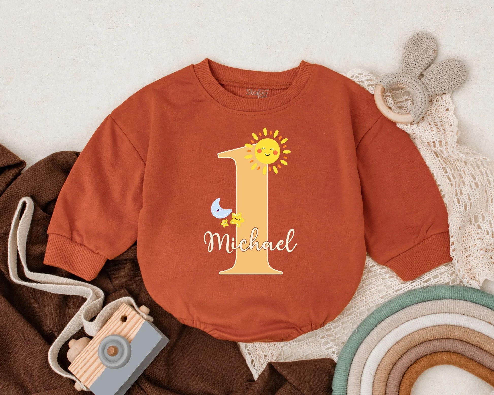 Personalized Sunshine 1st Birthday Outfit Baby Boy, Custom Name Romper, Smash Cake Clothes, First Trip Around the Sun Gift (138 chars)