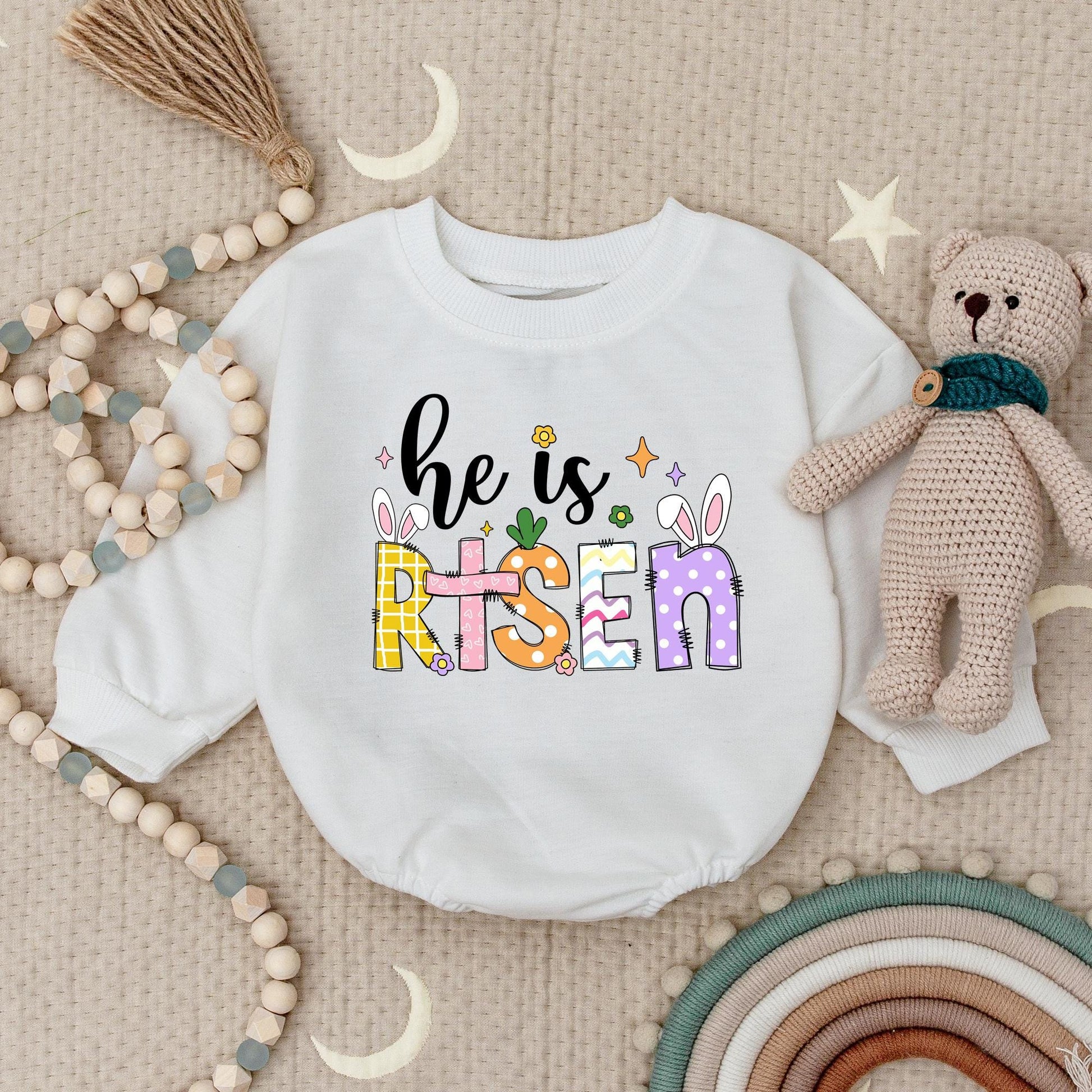 He Is Risen Baby Romper Colorful Plaid Heart Polka Dot Easter Outfit Christian Religious 1st Easter Day Jesus Baby Bodysuit Gift