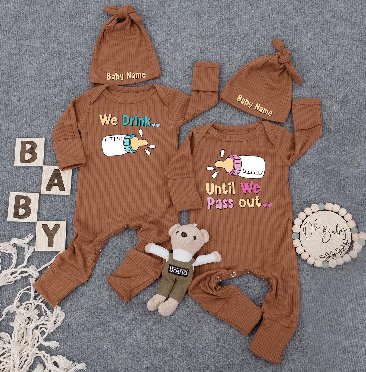 Funny Twin Baby Outfits, "We Drink Until We Pass Out" Cute Twins Outfits, Unisex Twin Sets