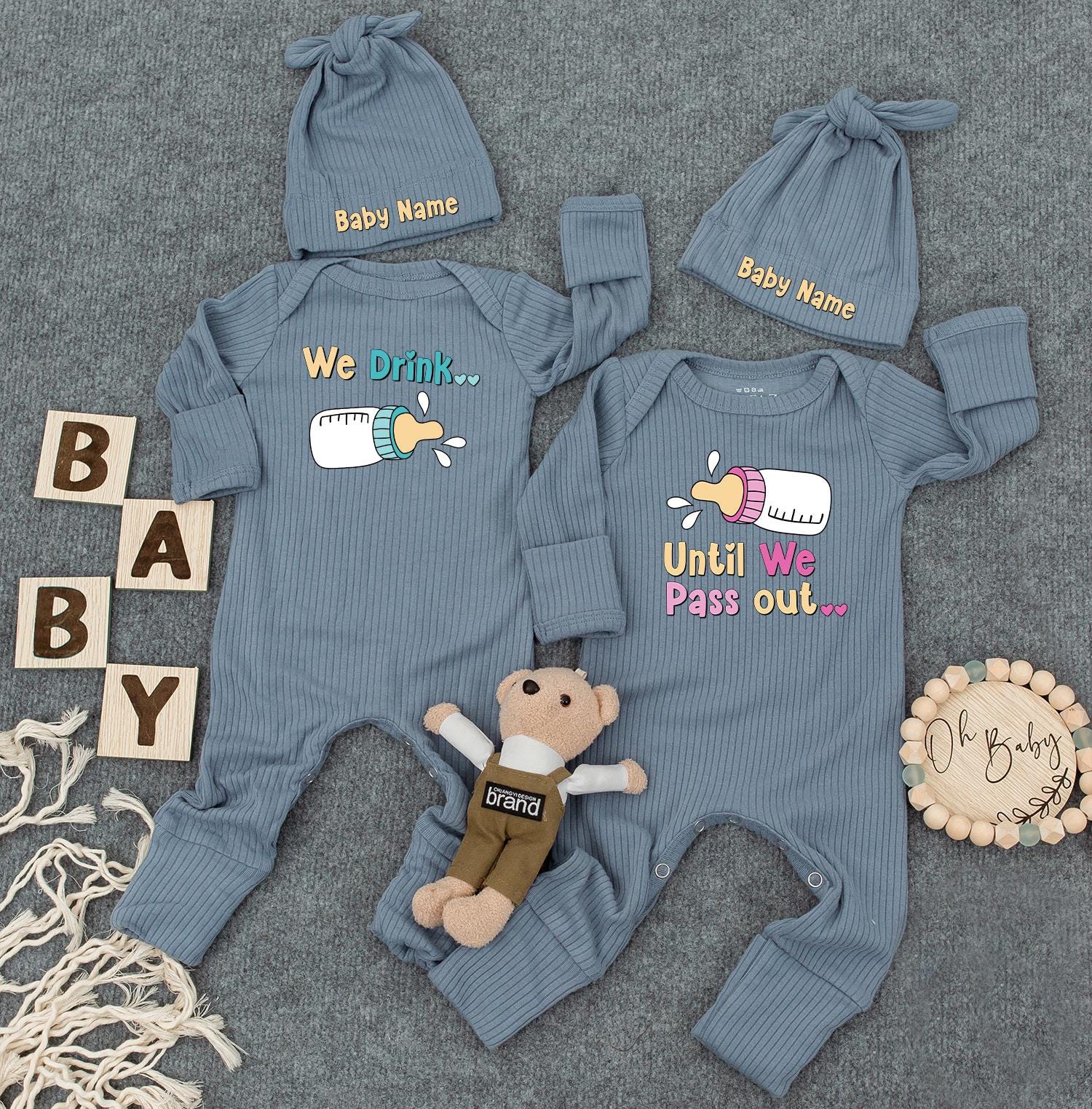 Funny Twin Baby Outfits, "We Drink Until We Pass Out" Cute Twins Outfits, Unisex Twin Sets