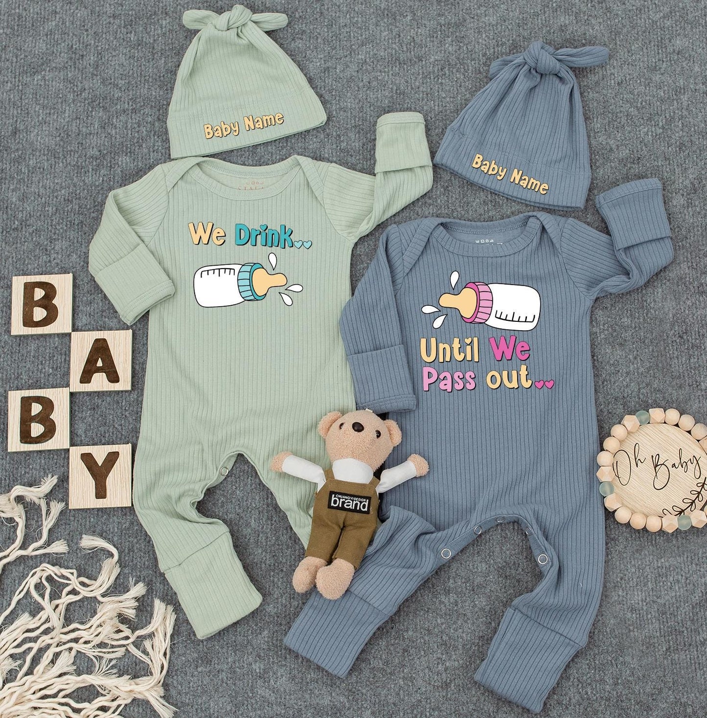 Funny Twin Baby Outfits, "We Drink Until We Pass Out" Cute Twins Outfits, Unisex Twin Sets