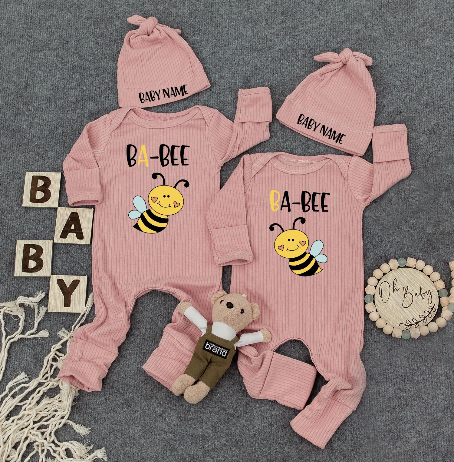 Unisex Twin Outfits, BA-BEE Twin Baby Bodysuit Set with Hats, Newborn Twins Outfits