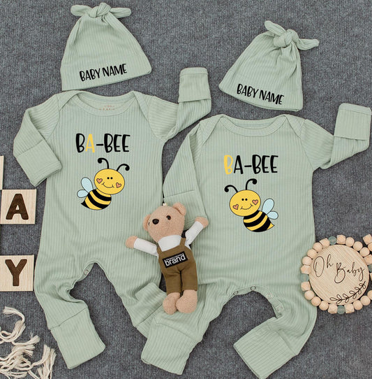 Unisex Twin Outfits, BA-BEE Twin Baby Bodysuit Set with Hats, Newborn Twins Outfits