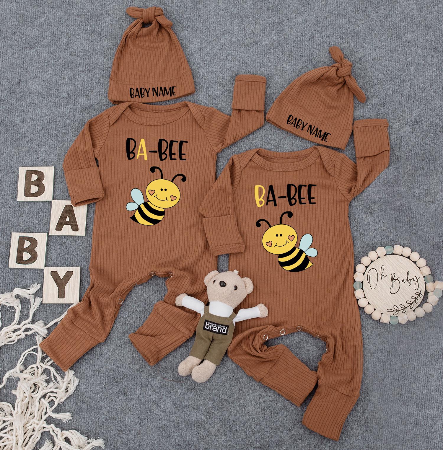 Unisex Twin Outfits, BA-BEE Twin Baby Bodysuit Set with Hats, Newborn Twins Outfits