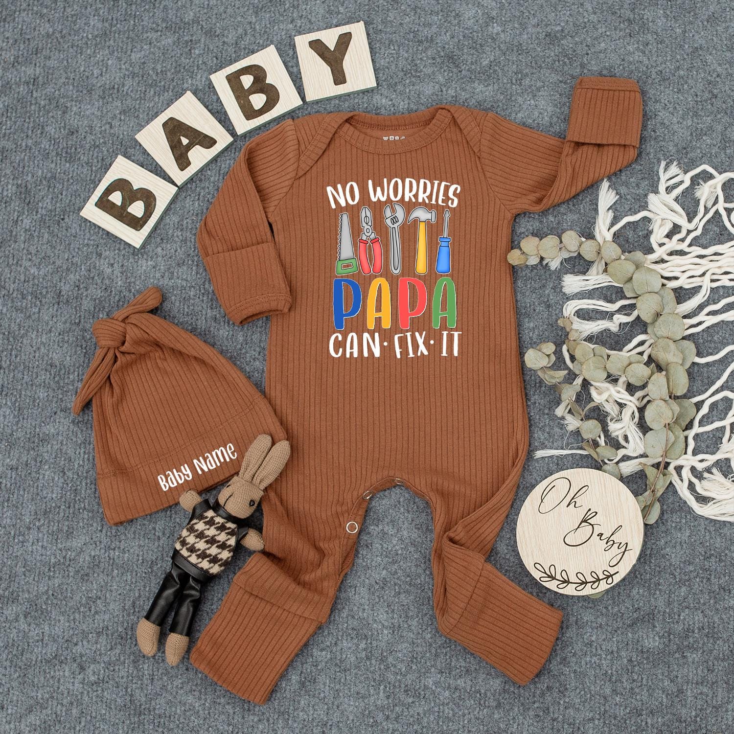 No Worries Papa Can Fix It Baby Bodysuit with Hat Funny Handyman Theme Newborn Romper Set Cute Infant Daddy's Little Helper Perfect Baby Shower Father's Day Gift or Coming Home Outfit