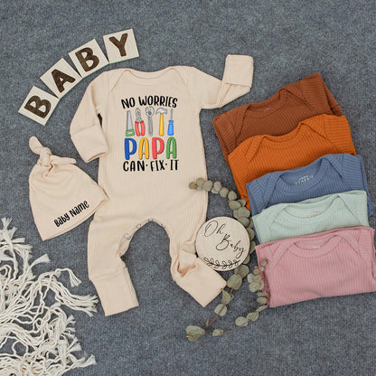 No Worries Papa Can Fix It Baby Bodysuit with Hat Funny Handyman Theme Newborn Romper Set Cute Infant Daddy's Little Helper Perfect Baby Shower Father's Day Gift or Coming Home Outfit