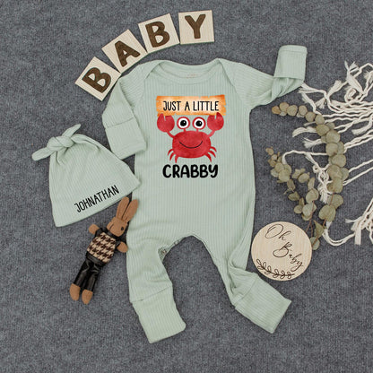 Just a Little Crabby Baby Bodysuit with Hat Funny Crab Newborn Outfit Beach Theme Romper Infant Coming Home Clothes Gift Idea