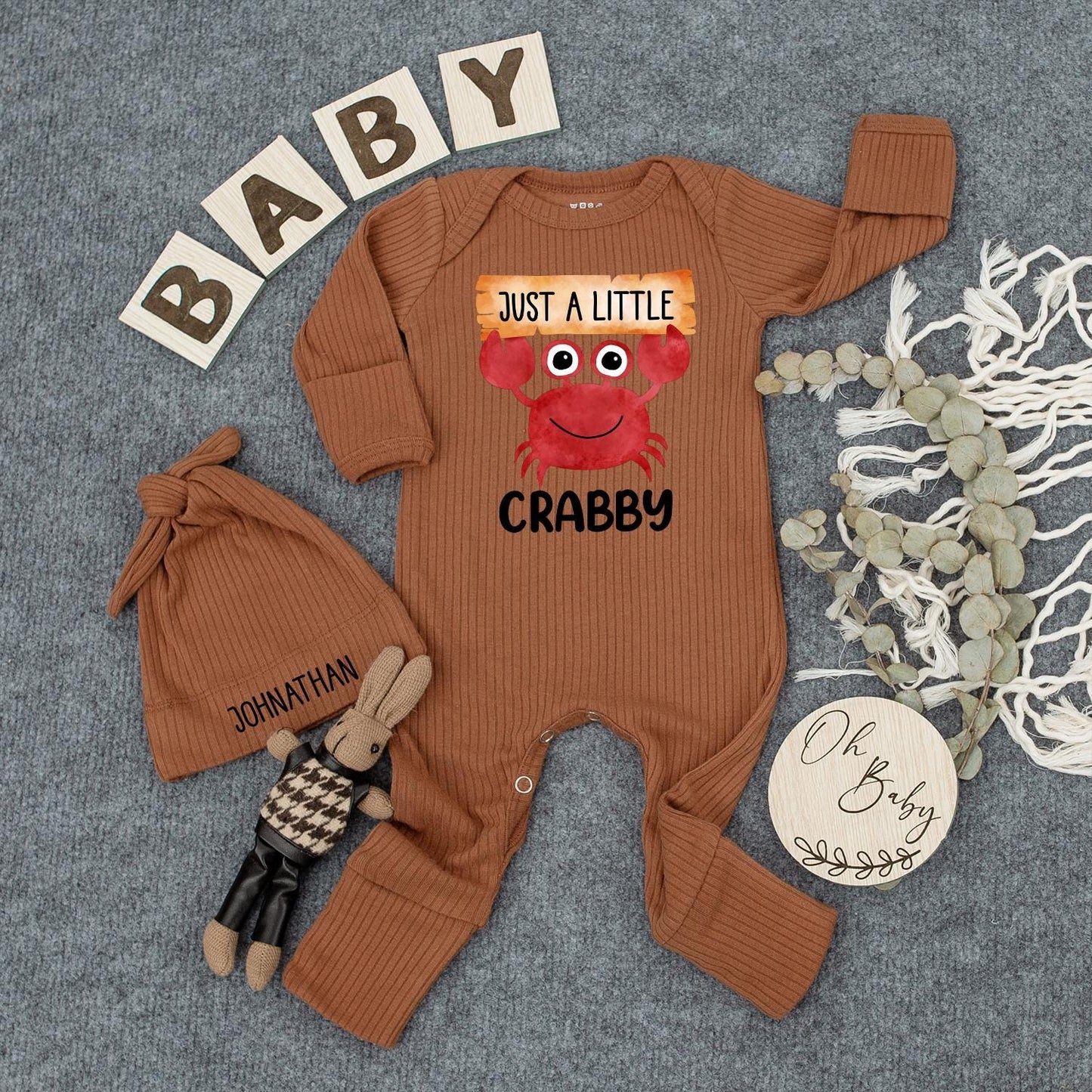 Just a Little Crabby Baby Bodysuit with Hat Funny Crab Newborn Outfit Beach Theme Romper Infant Coming Home Clothes Gift Idea
