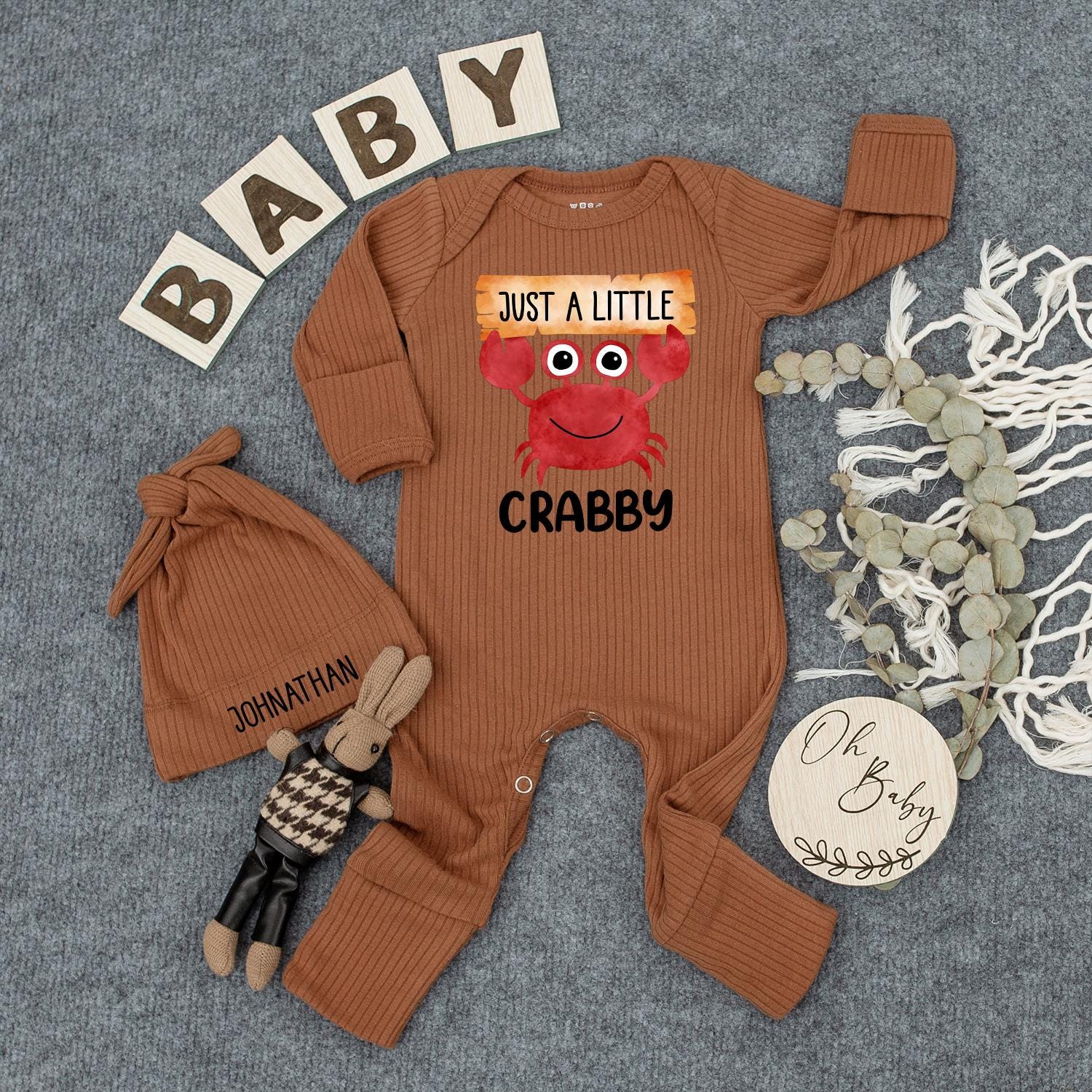 Just a Little Crabby Baby Bodysuit with Hat Funny Crab Newborn Outfit Beach Theme Romper Infant Coming Home Clothes Gift Idea